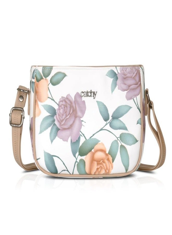 Catchy Beige Faux Leather Zip Closure Womens Sling Bag - Image 1